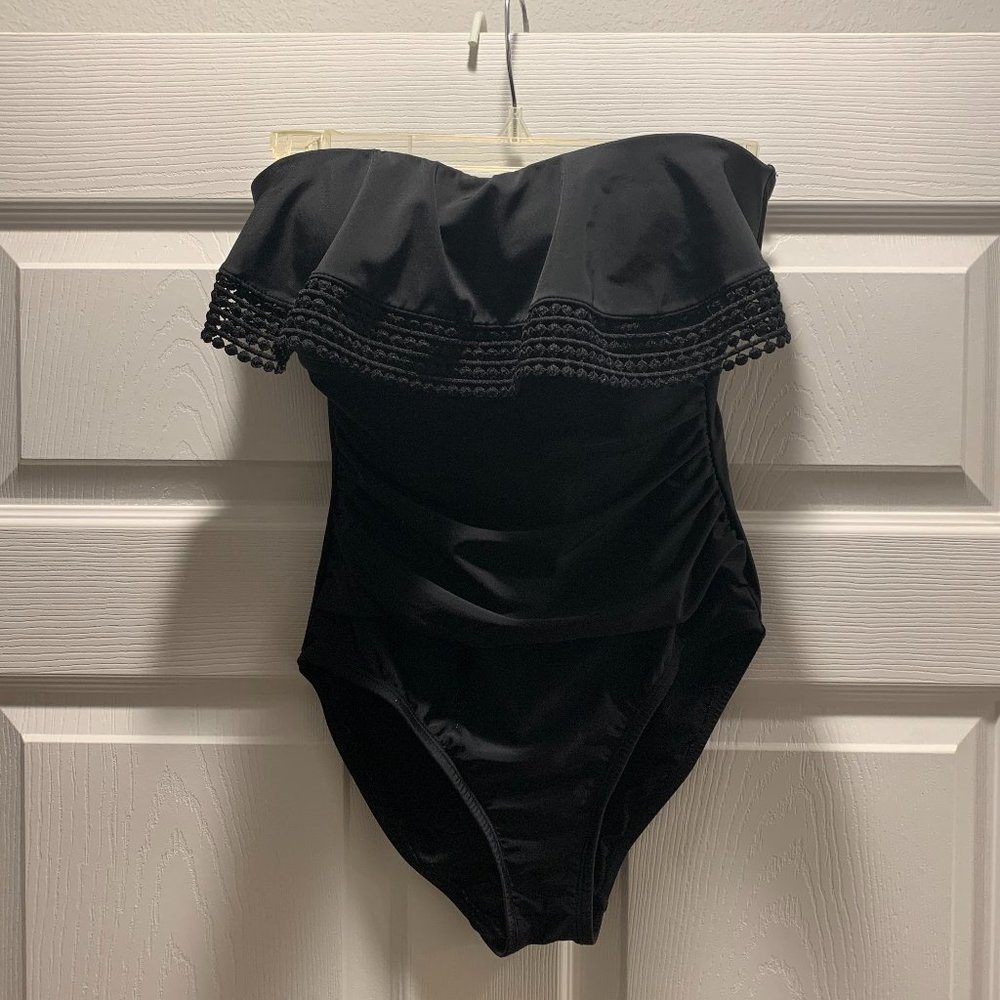 Rona Sol Swim Suit Black Ruffle Bathing Strapless
